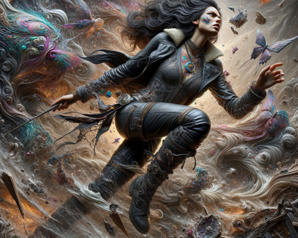 Dynamic figure in colorful swirl of strength and mysticism