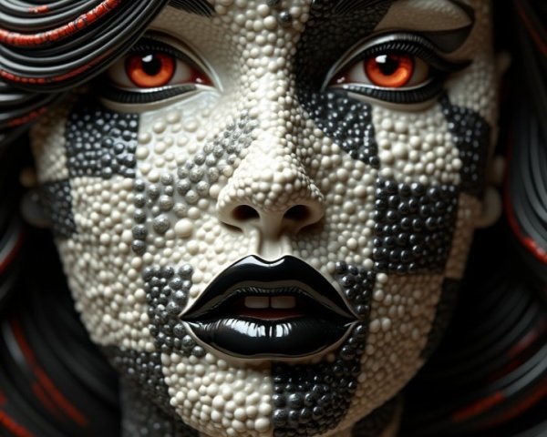 Artistic Figure with Mosaic Pattern and Red Accents