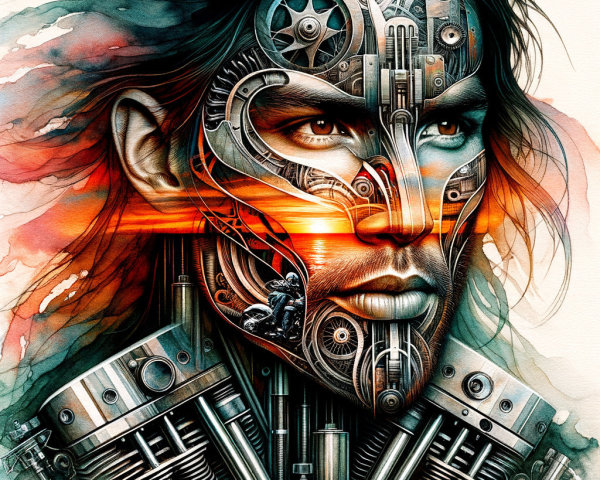 Fusion of Human and Machine in Surreal Artwork