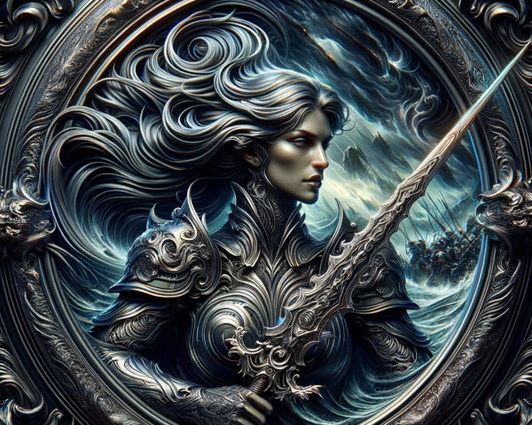 Warrior Woman in Ornate Silver Mirror with Waves