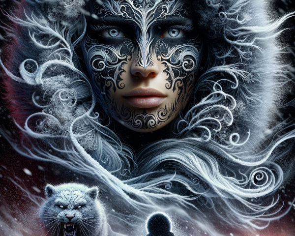 Mystical Figure in Frosty Landscape with Child and Bear