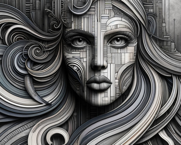 Abstract Portrait of Woman with Cityscape Elements
