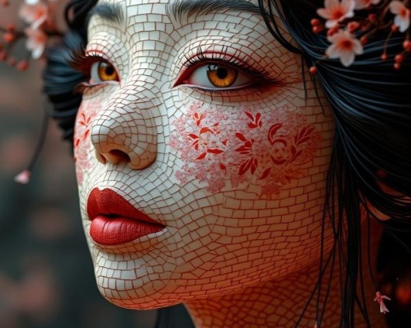 Woman with Porcelain Facial Art and Kimono