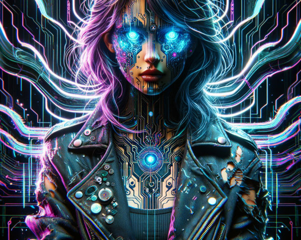 Futuristic Cybernetic Figure in Neon Atmosphere