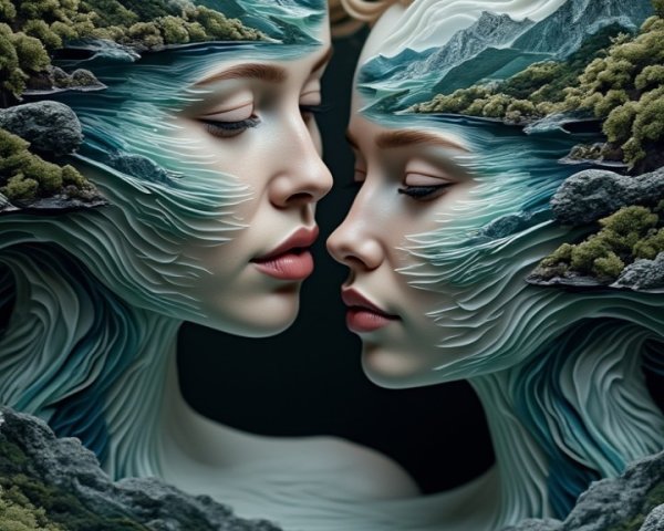 Ethereal Faces Intertwined with Natural Landscapes