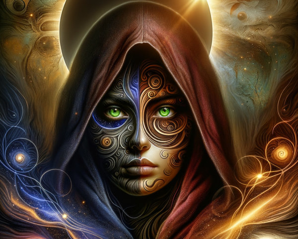 Mystical Figure in Cosmic Colors with Halo and Patterns