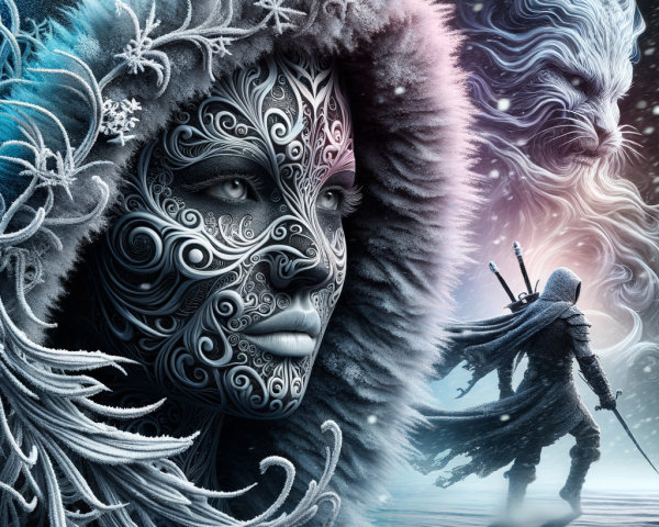 Snow-Covered Landscape with Icy Designs and Figures