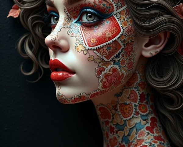 Portrait of a Woman with Floral Body Art and Hair