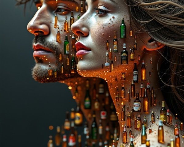 Stylized Profiles with Translucent Bottles on Dark Background