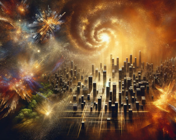 Vibrant Cityscape Merging with Cosmic Galaxies