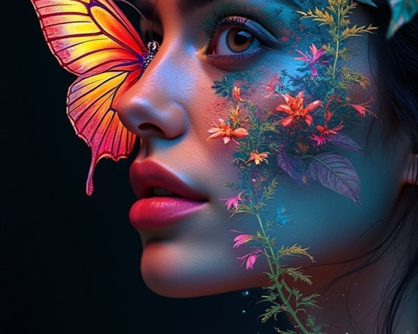 Surreal Portrait of Woman with Flowers and Butterflies