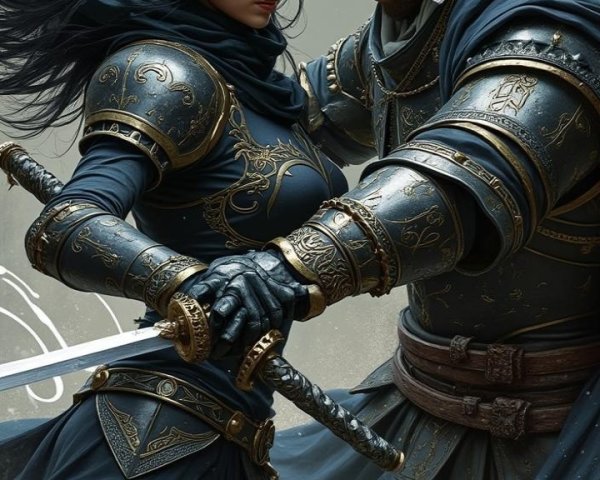 Cloaked Warrior and Armored Knight Confrontation Scene