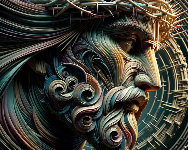 Stylized figure with crown of thorns and vibrant colors
