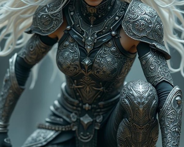 Fierce Female Warrior in Intricate Silver Armor
