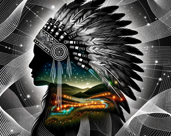 Silhouette of a Native American Chief with Landscape Elements