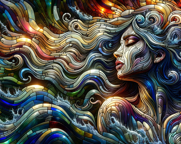 Mosaic Portrait of a Woman with Flowing Hair