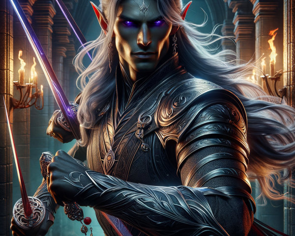 Dark Elf Warrior in Ornate Dimly Lit Chamber