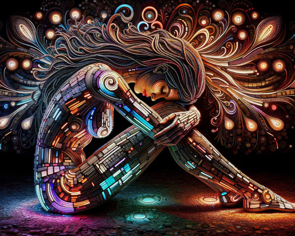 Abstract Seated Figure with Glowing Digital Patterns
