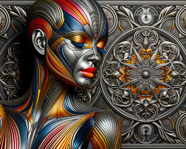 Futuristic figure with metallic patterns and vibrant colors