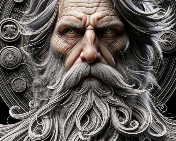 Hyper-realistic portrait of an elderly figure with beard