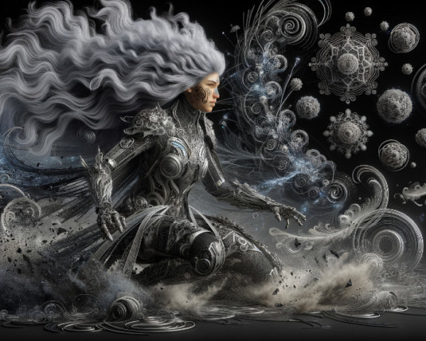 Futuristic figure in metallic armor channeling energy
