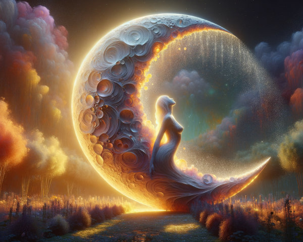 Fantasy Landscape with Glowing Golden Crescent Moon
