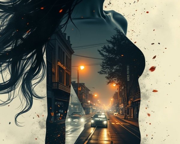 Silhouette of Woman Merging with Urban Cityscape