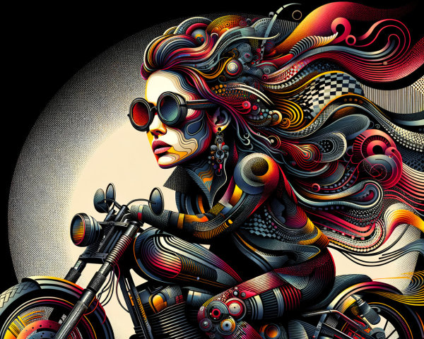 Vibrant Illustration of Woman on Motorcycle with Patterns