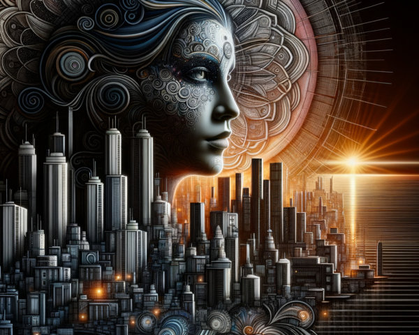 Stylized Female Face with City Skyline and Nature Elements
