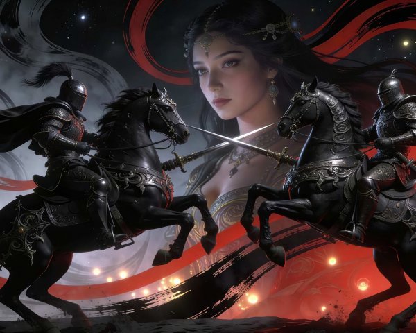 Intricately Armored Knights Facing Each Other on Horses