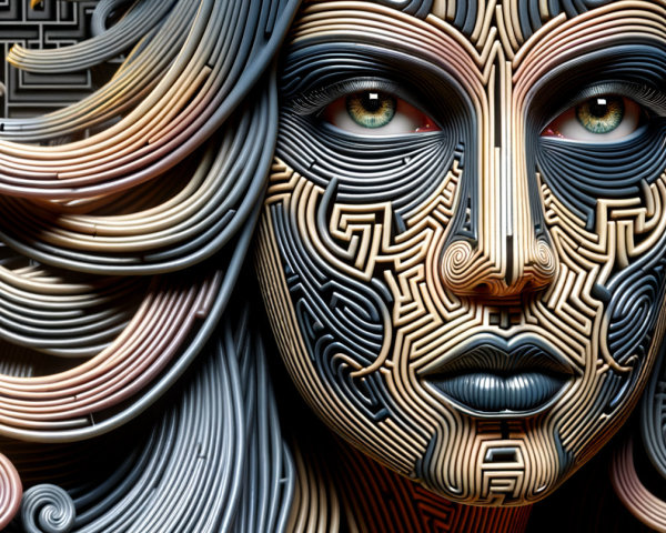 Stylized portrait of a woman with maze-like patterns
