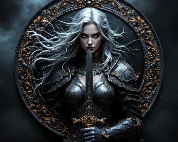 Fierce Warrior Woman in Dark Armor with Sword