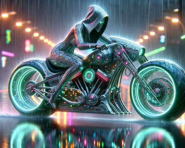 Futuristic motorcyclist in neon-lit suit rides high-tech bike