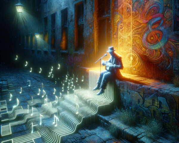 Solitary Musician in Neon-Lit Alley with Guitar