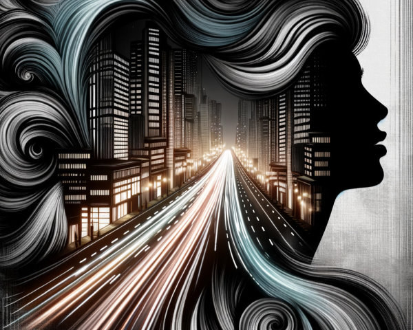 Silhouette of Woman's Face with Cityscape and Light Trails