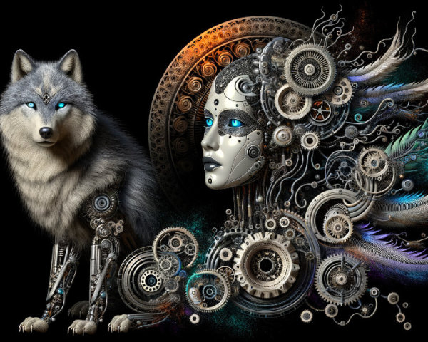 Majestic Wolf with Metallic Body and Robotic Face