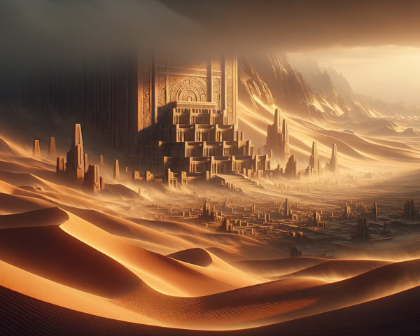 Desert Landscape with Sand Dunes and Ancient Ruins