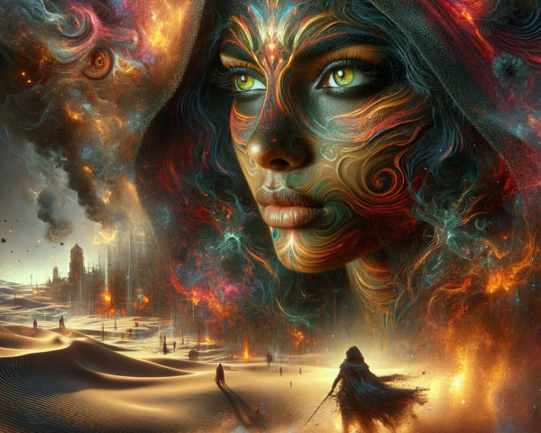 Mystical Landscape with Cosmic Elements and Woman's Face