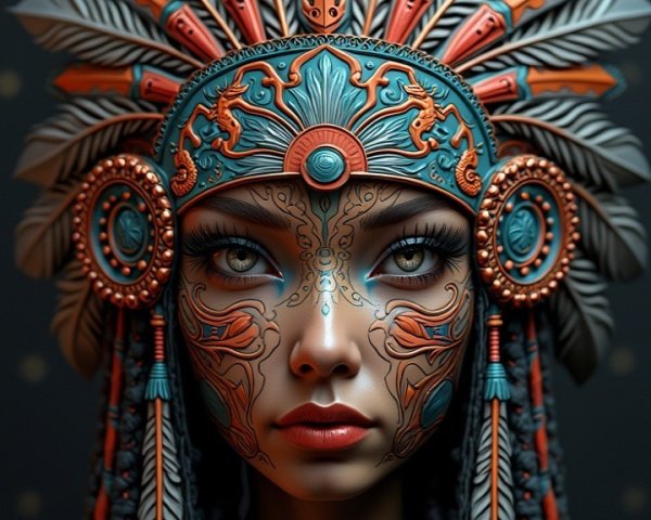 Striking figure with elaborate headdress and markings