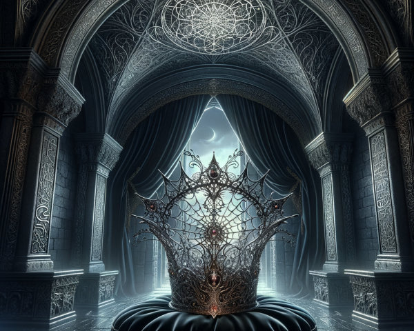 Majestic Crown on Velvet Cushion in Dimly Lit Room