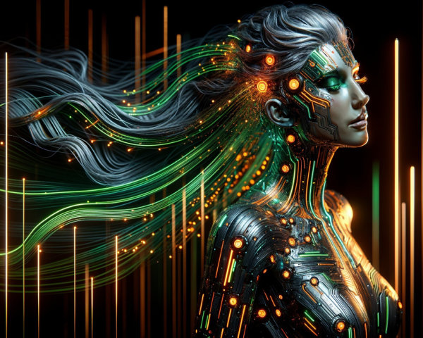 Futuristic Female Figure with Circuitry and Light Streaks