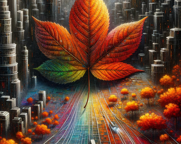 Surreal Cityscape with Giant Colorful Leaf and Skyscrapers