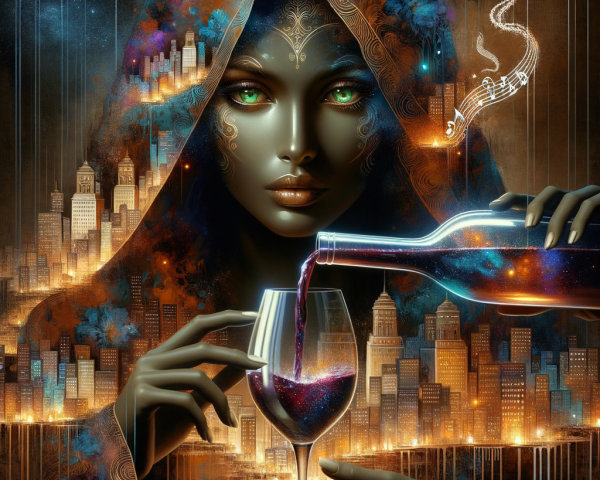 Mystical figure in cloak pouring liquid against skyline