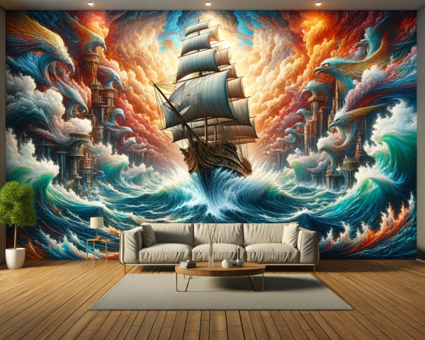 Mural of a ship in turbulent waves with modern decor