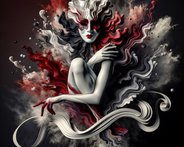 Surreal Figure with Flowing Hair and Abstract Background