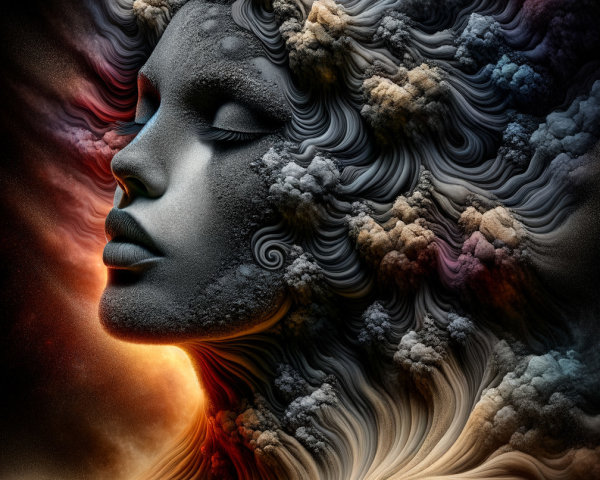 Ethereal Woman's Face in Surreal Cloudy Sunset