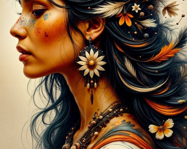 Profile of a woman with floral hair and warm tones