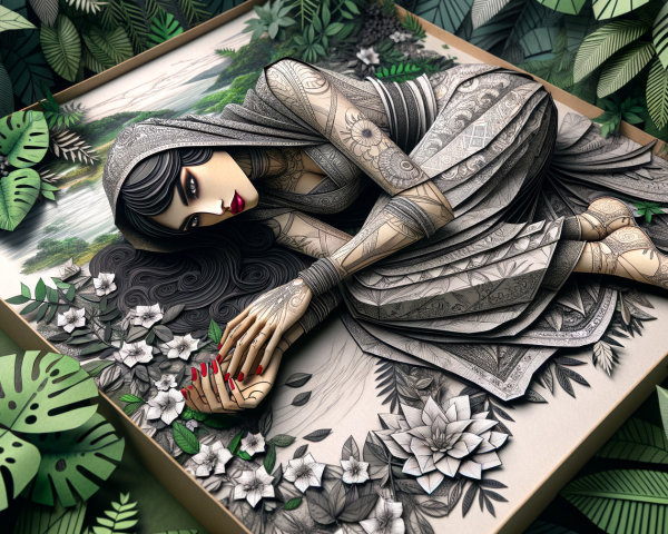 Serene Artwork of Woman in Gray Amidst Green Foliage