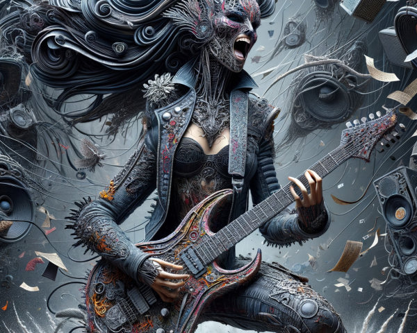 Dynamic figure playing electric guitar in vibrant outfit