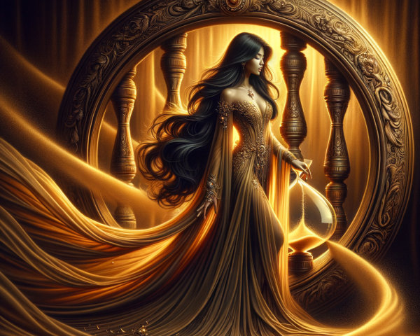 Mystical figure beside ornate hourglass in golden tones